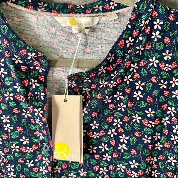 NWT Boden Smocked Jersey Shirt Dress Navy Strawberry Print (size 14) - Picture 13 of 15